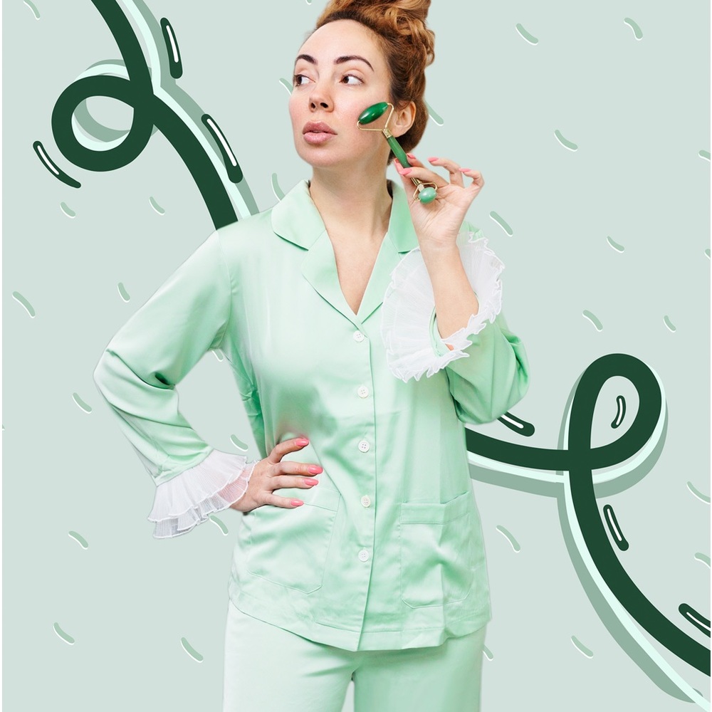 Custom frilled hem button down pajama set